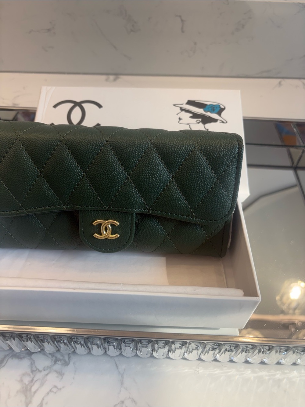Quilted Caviar Leather Wallet on Chain - Dark Green